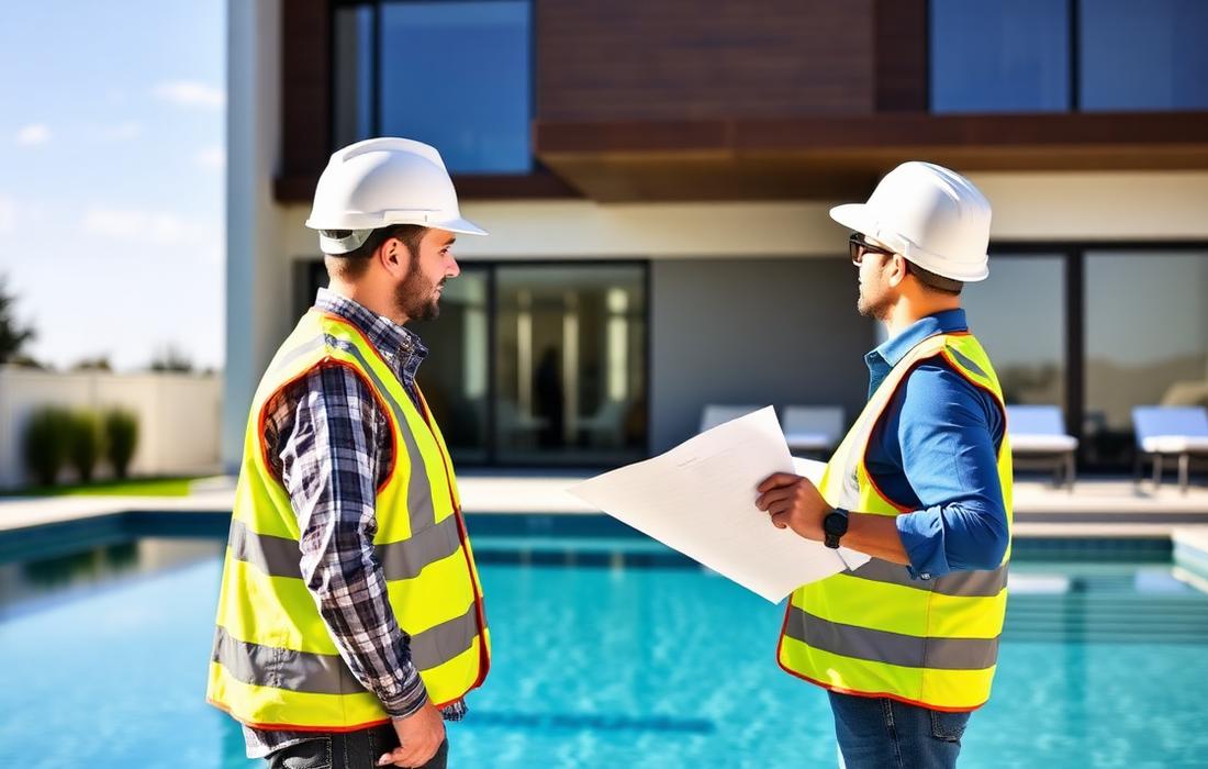 Equipe avaliando piscina construída.