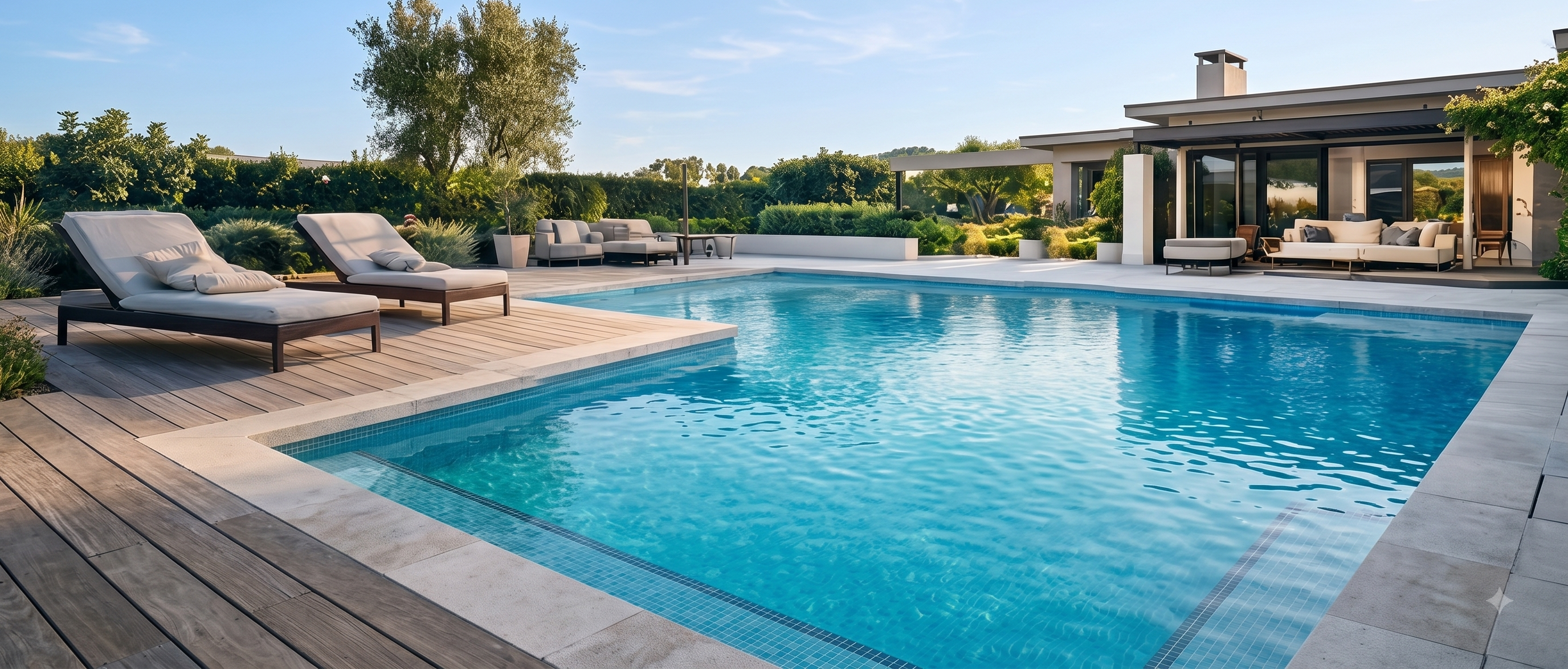 Piscina de luxo com deck de madeira e espreguiçadeiras